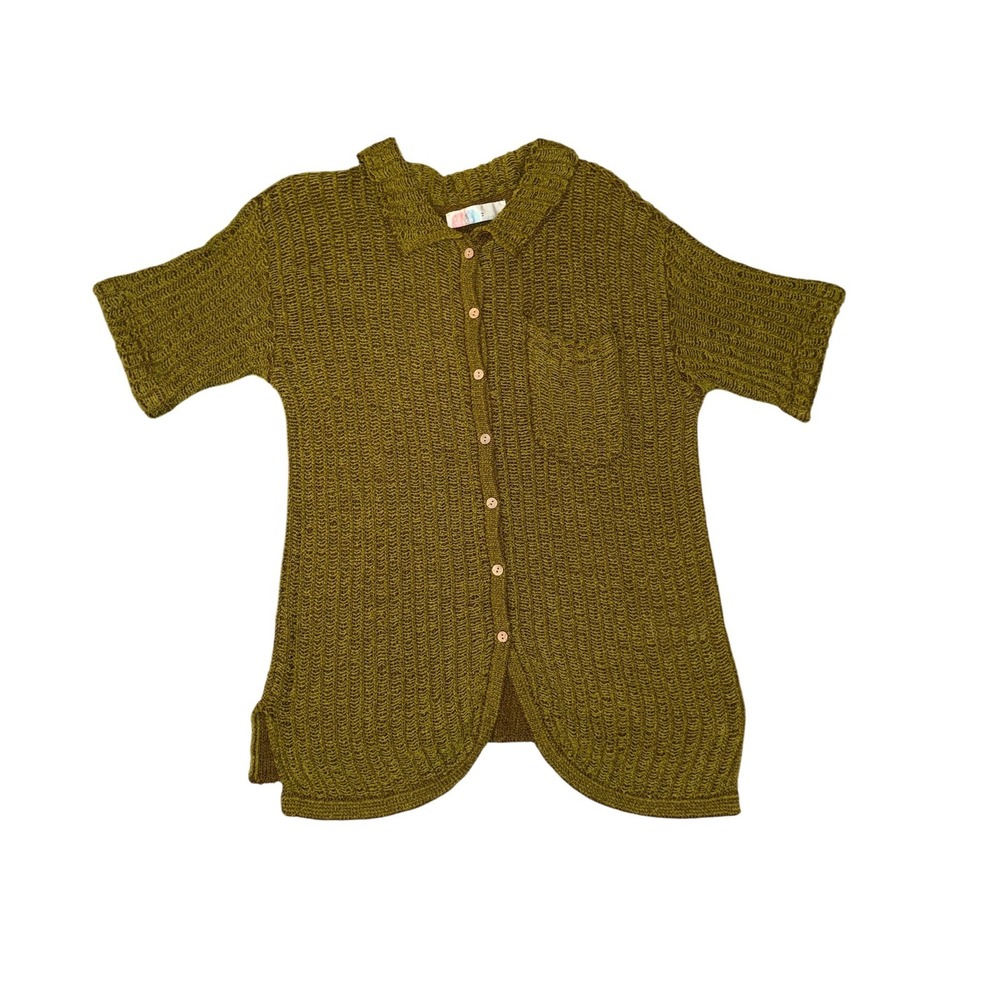 Free People FP Beach Knit Button Down Women Size M Olive Green Boho Shirt